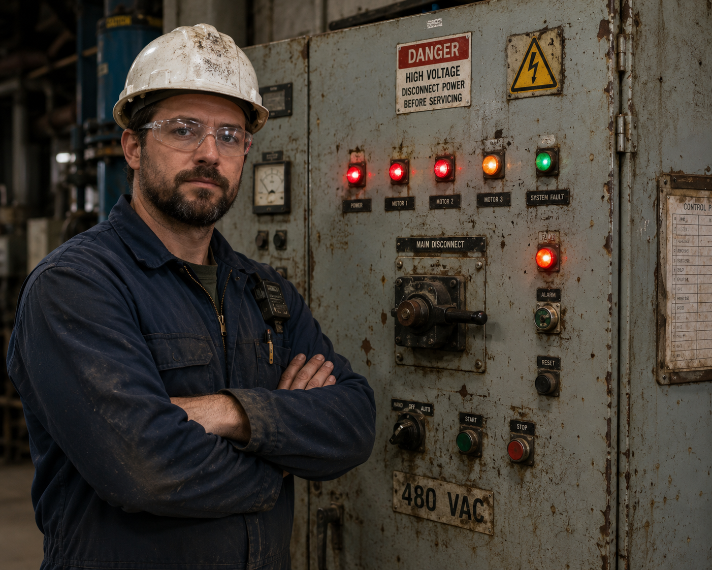 Industrial technician inspecting an aging electrical control panel with warning lights in a factory setting.