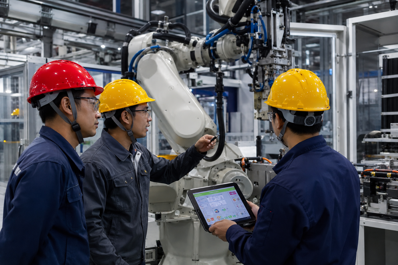 Industrial engineers inspecting robotic automation systems inside a modern manufacturing facility.