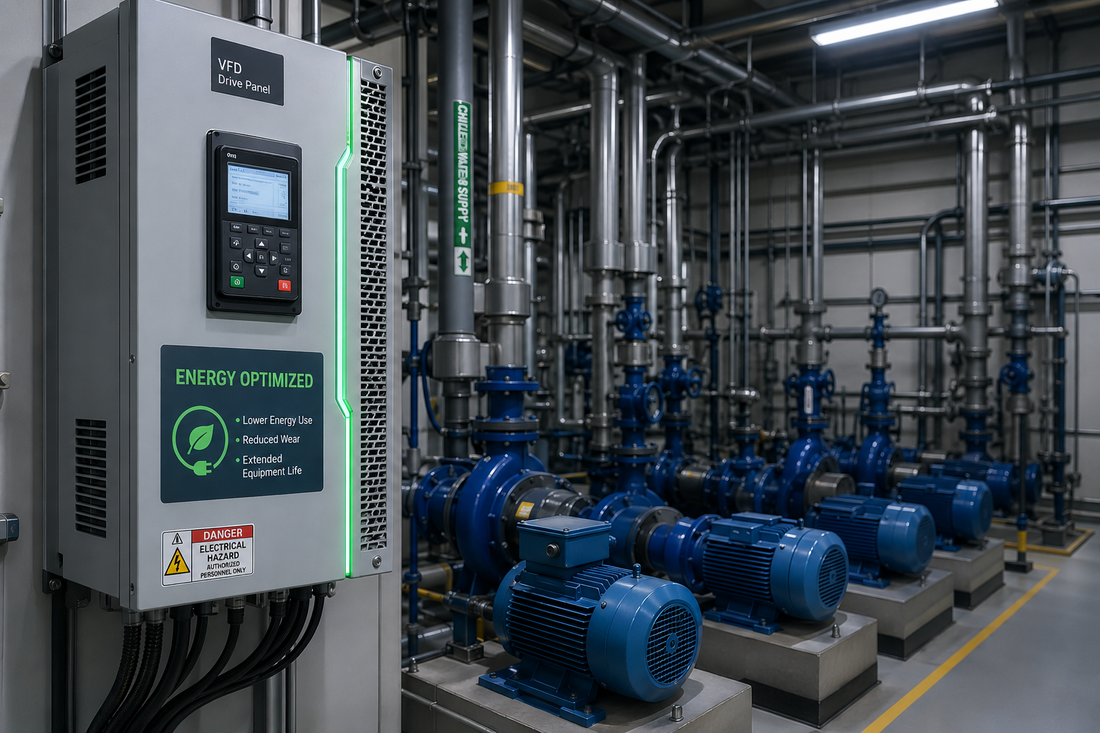 Modern industrial VFD control panel beside large electric motors and pumps inside a manufacturing facility.