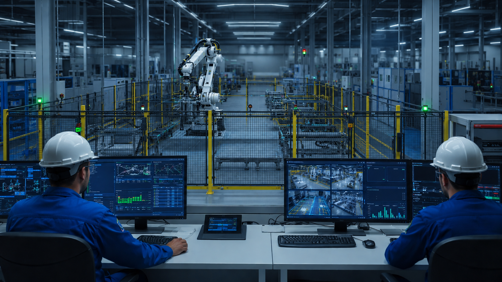 Industrial technicians monitoring robotic automation in a modern manufacturing facility.