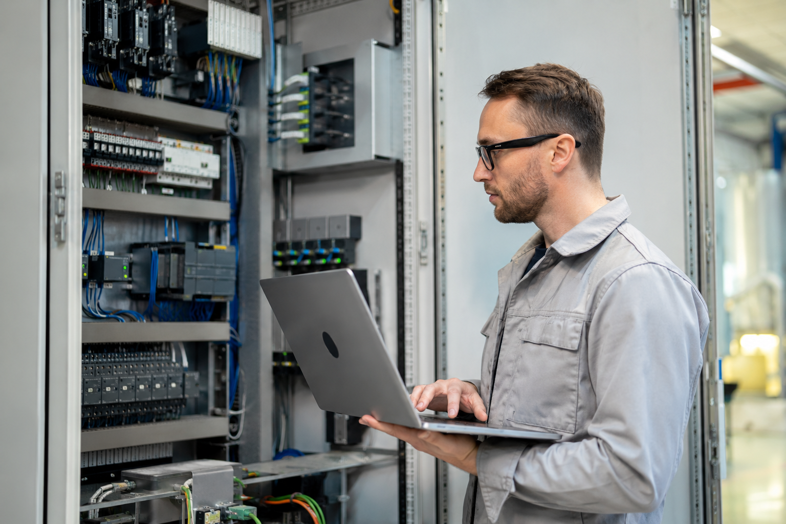 Industrial automation technician analyzing PLC control cabinet with laptop in modern electrical control room.