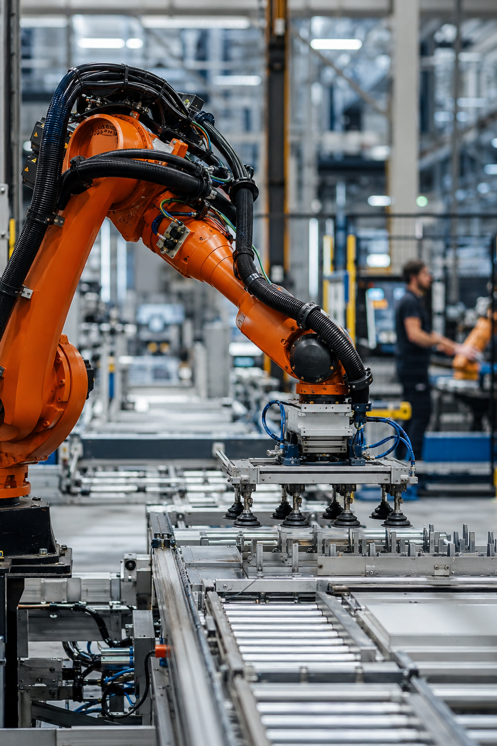 Industrial robotic arm operating on an automated factory production line with conveyor systems and machinery.