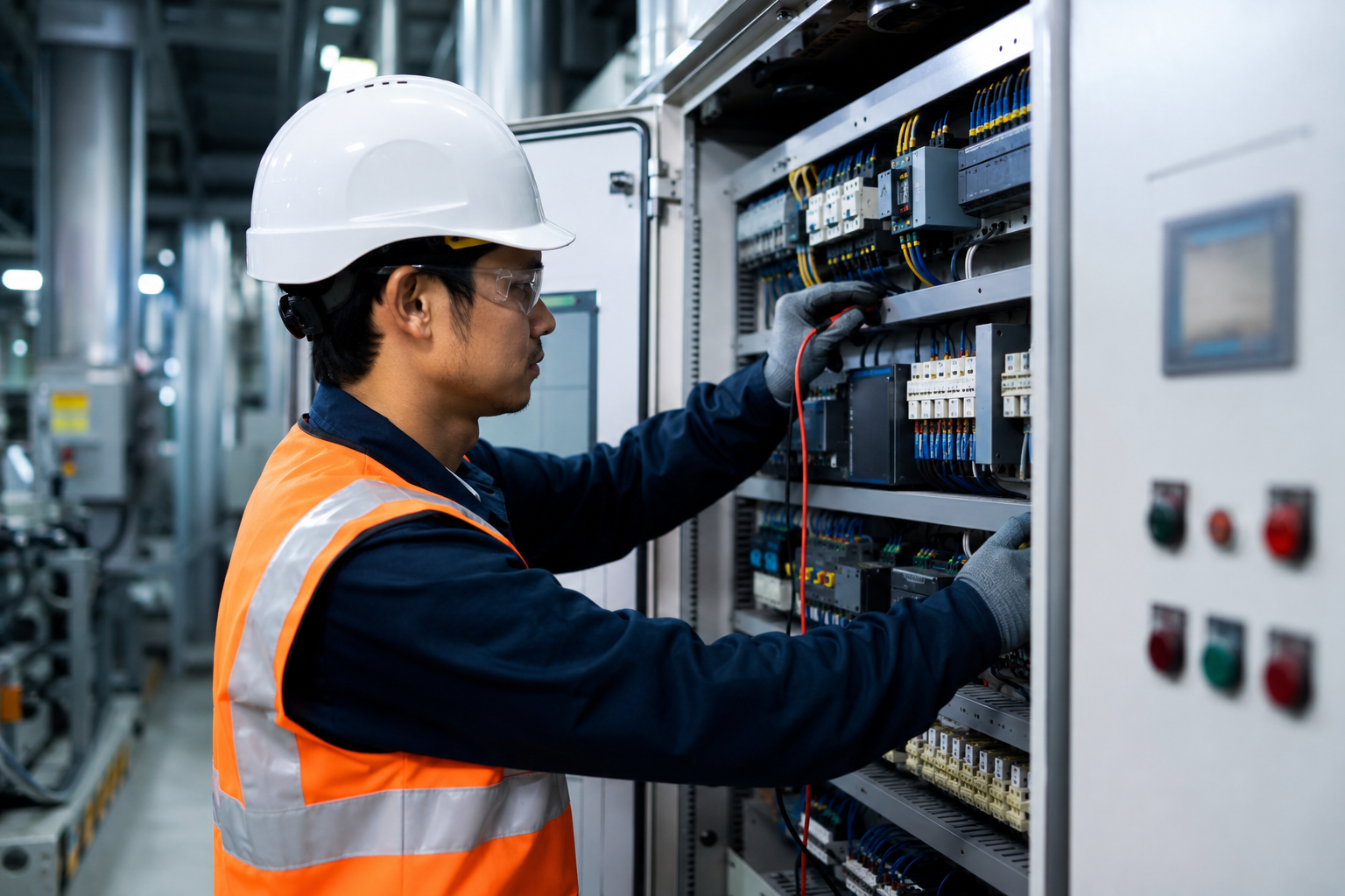 Industrial technician troubleshooting an automation control panel inside a modern manufacturing facility.