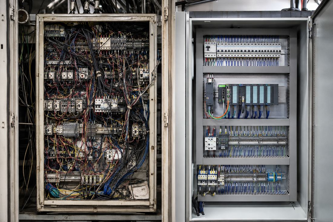 Side-by-side industrial control panels comparing outdated relay wiring with a modern organized PLC automation system.