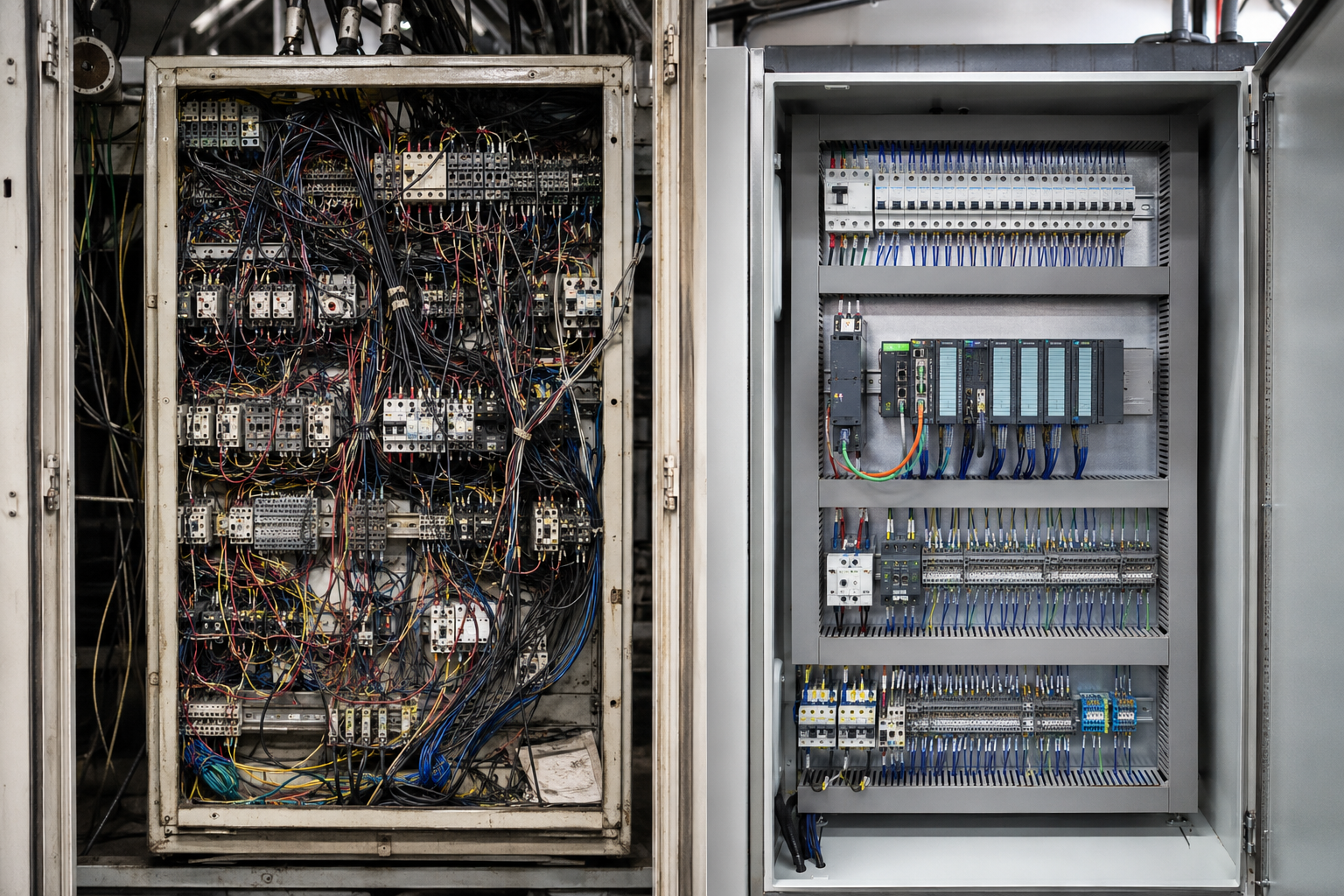 Side-by-side industrial control panels comparing outdated relay wiring with a modern organized PLC automation system.