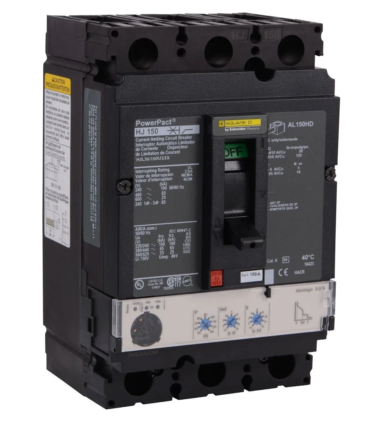 HJL36100U33X - Square D - Molded Case Circuit Breaker Feed Thru - 100 Amp - 3 Pole - 600 Volt