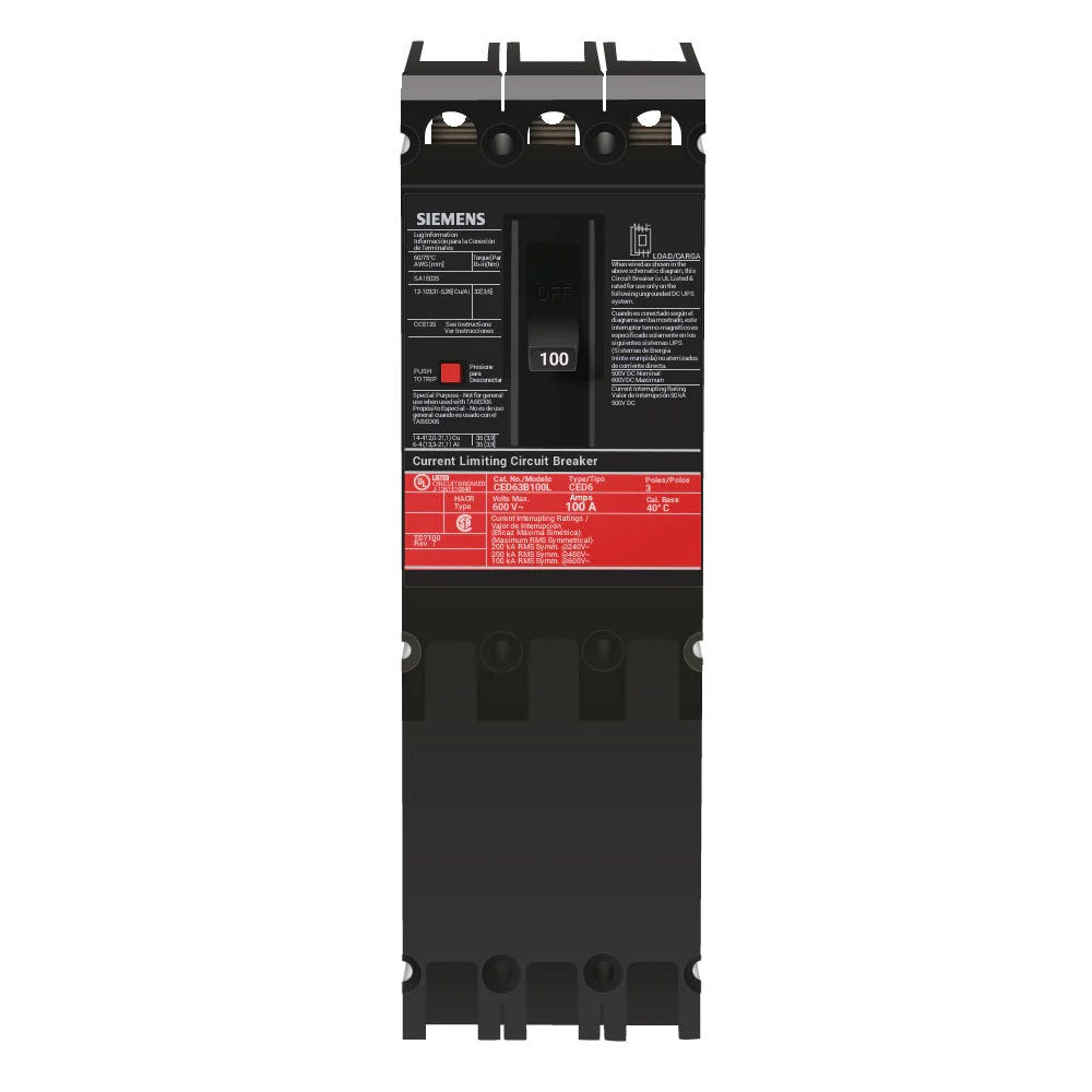 CED63B100 - Siemens - Molded Case Circuit Breaker Feed-Thru - 100 Amp - 3 Pole - 600 Volt