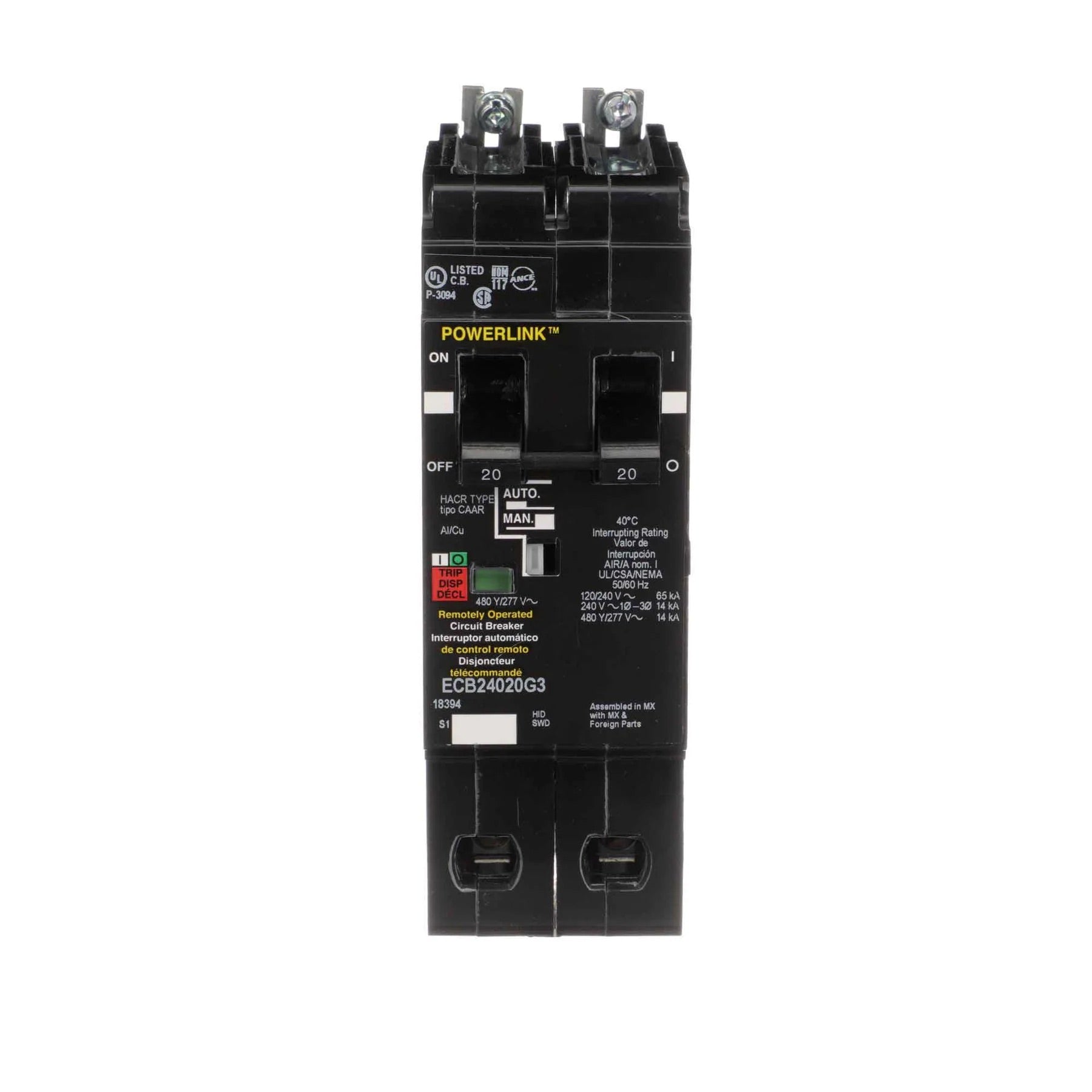 ECB24020G3 - Square D - Molded Case Circuit Breaker Bolt-On - 20 Amp - 2 Pole - 480 V