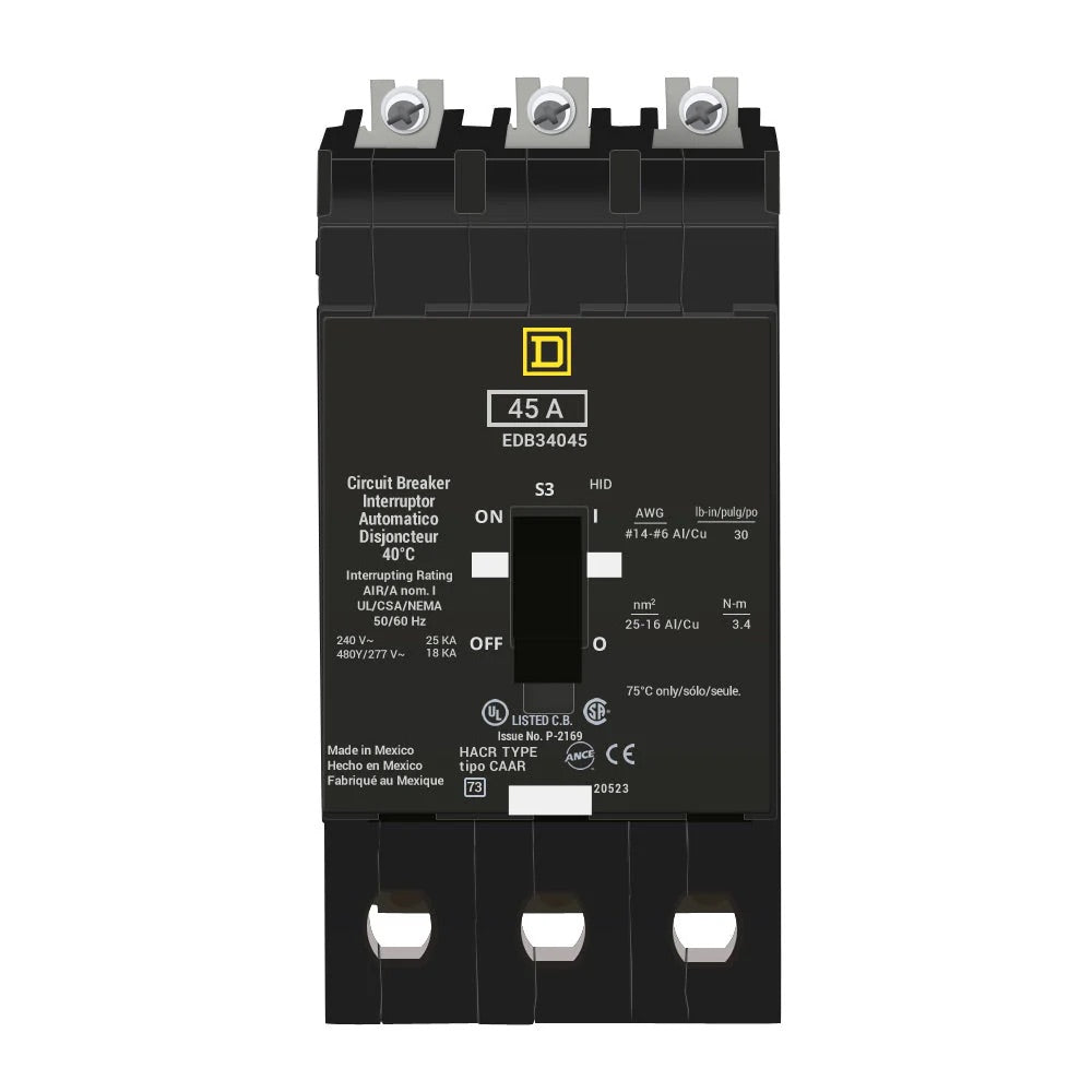 EDB34045 - Square D - Molded Case Circuit Breaker Bolt-On - 45 Amp - 3 Pole - 480 Volt