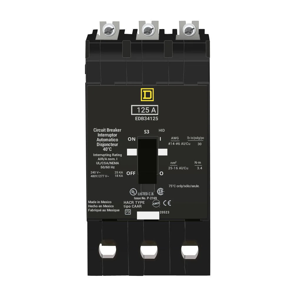 EDB34125 - Square D - 125A 3-Pole 480V Bolt-On Molded Case Circuit Breaker