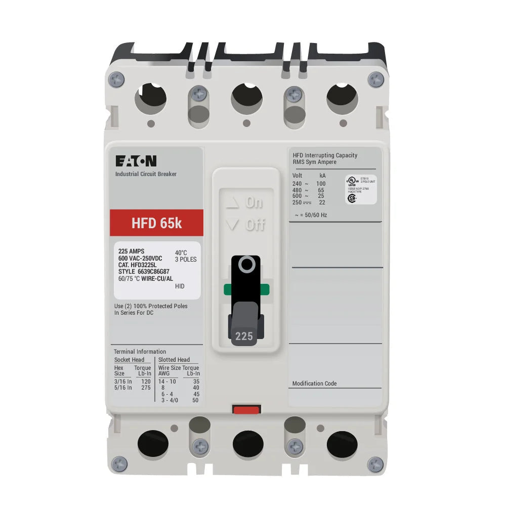 HFD3225 - Eaton - Molded Case Circuit Breaker Bolt-On - 225 Amp - 3 Pole - 3 Volt