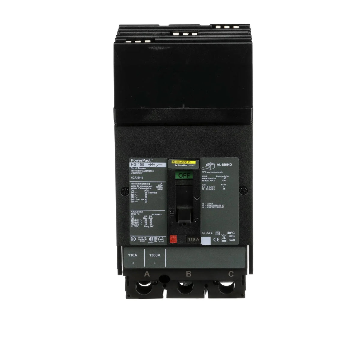 HGA36110 - Square D - Molded Case Circuit Breaker I-Line Plug-In - 110 Amp - 3 Pole - 600 Volt