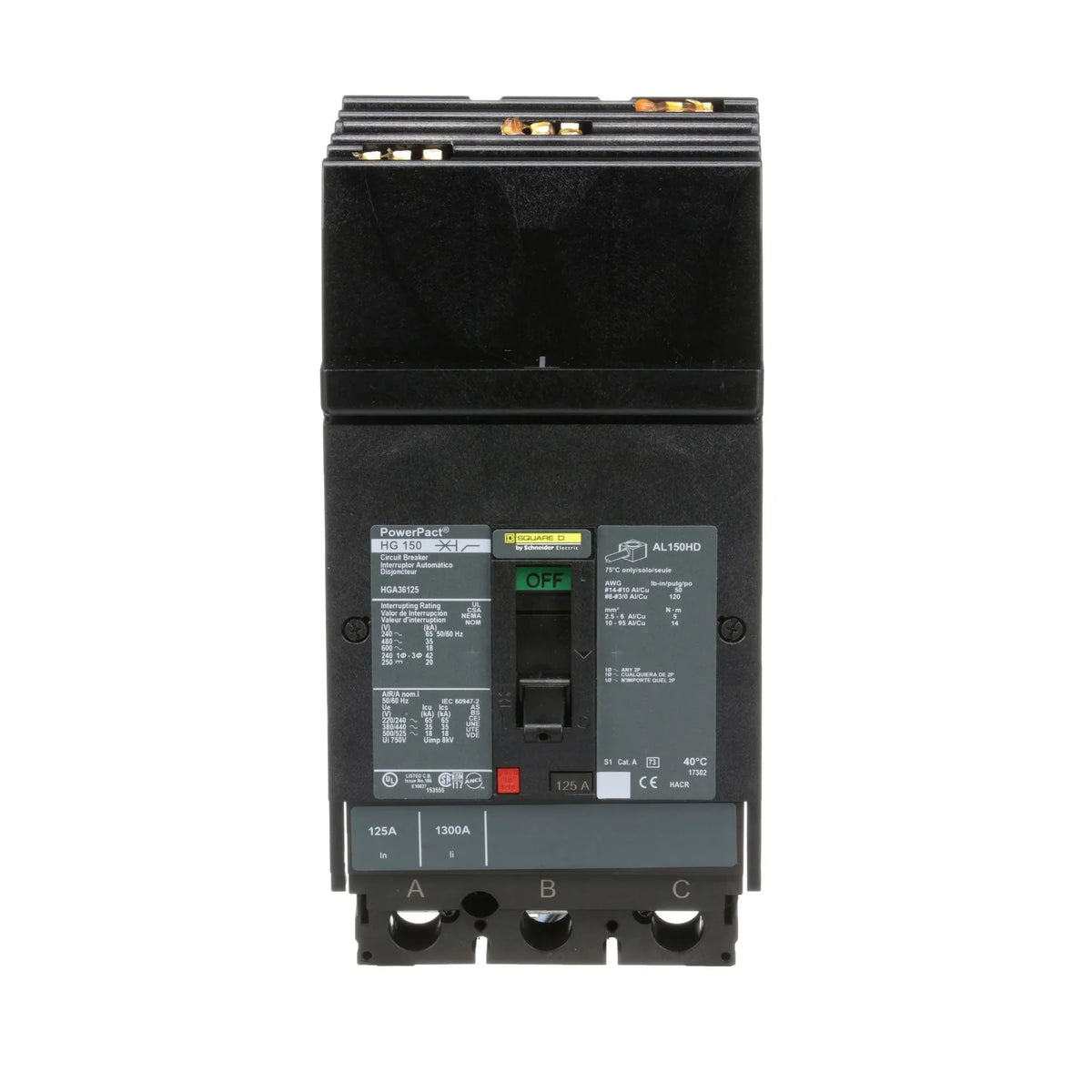 HGA36125 - Square D - 125A 3-Pole 600V I-Line Plug-In Circuit Breaker