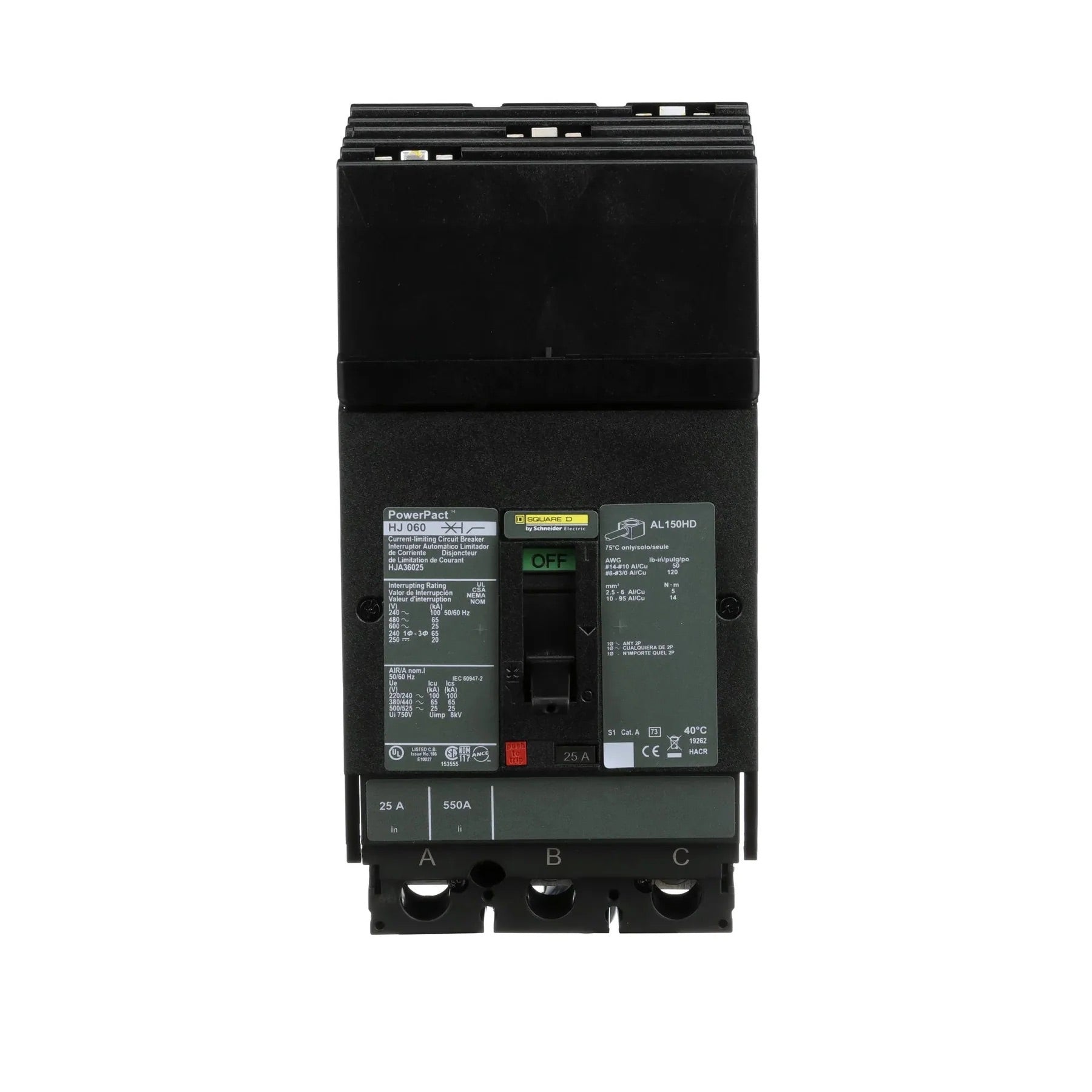 HJA36025 - Square D - Molded Case Circuit Breaker I-Line Plug-In - 25 Amp - 3 Pole - 600 Volt