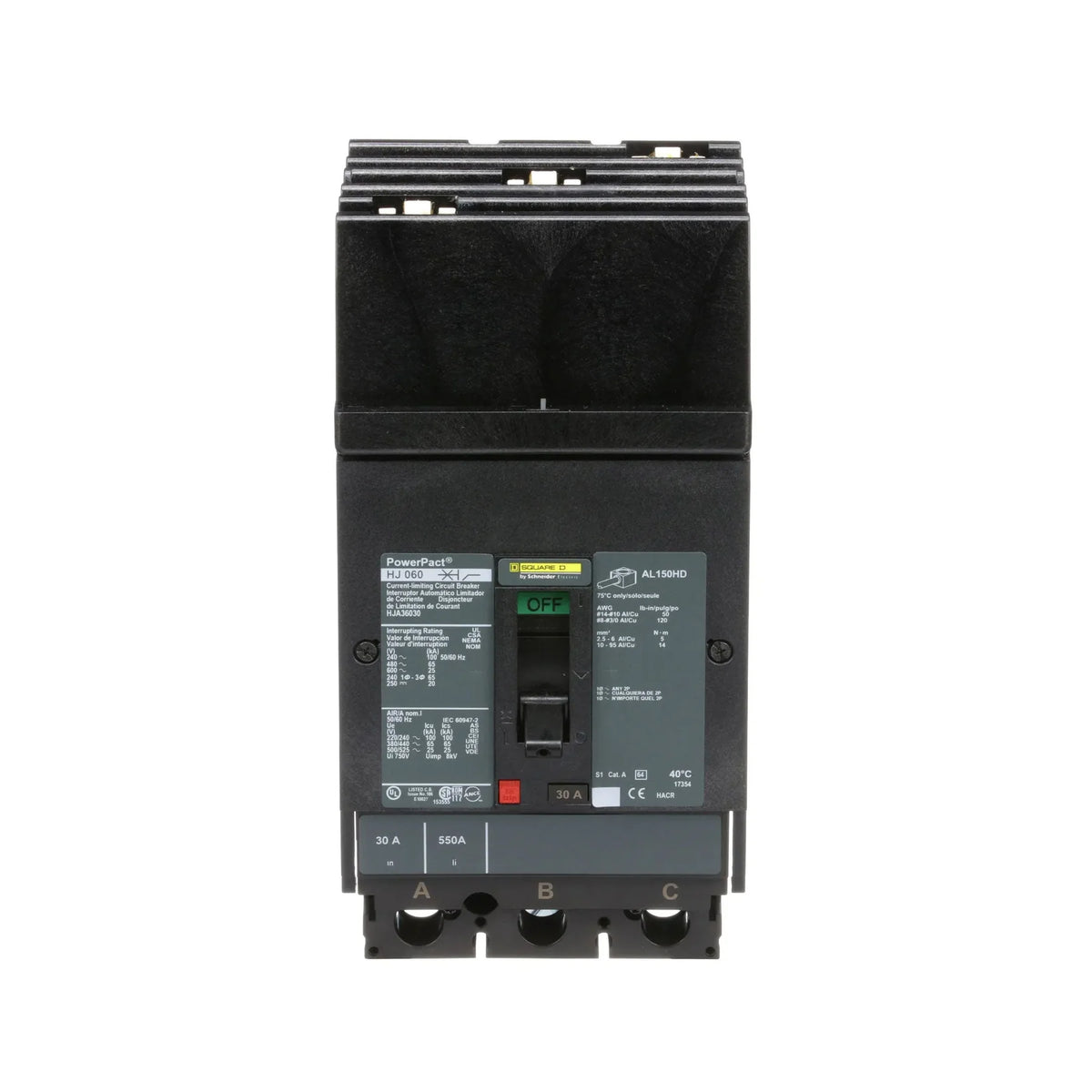HJA36030 - Square D - Molded Case Circuit Breaker I-Line Plug-In - 30 Amp - 3 Pole - 600 Volt