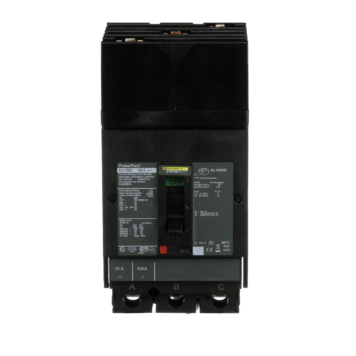 HJA36035 - Square D - Molded Case Circuit Breaker I-Line Plug-In - 35 Amp - 3 Pole - 600 Volt