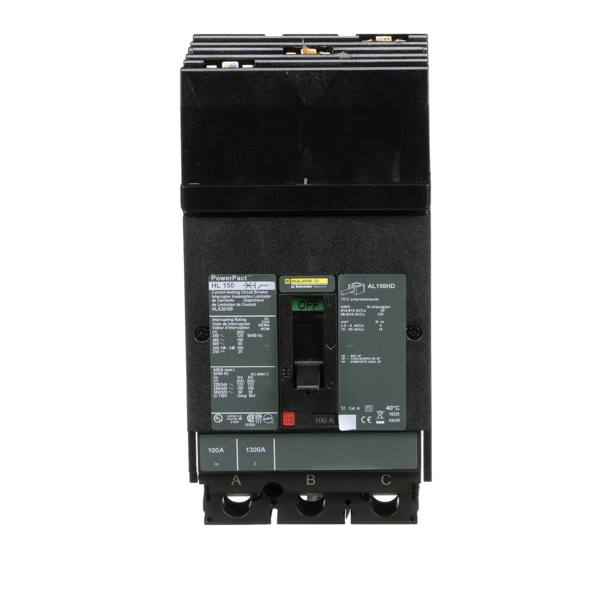 HLA36100 - Square D - Molded Case Circuit Breaker I-Line Plug-In - 100 Amp - 3 Pole - 600 Volt
