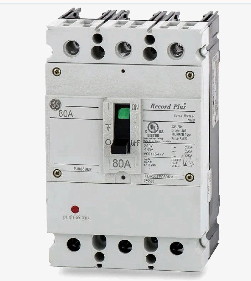 FBV36TE080RV - GE - Molded Case Circuit Breaker Bolt-On- 80 Amp - 3 Pole - 480 Volt