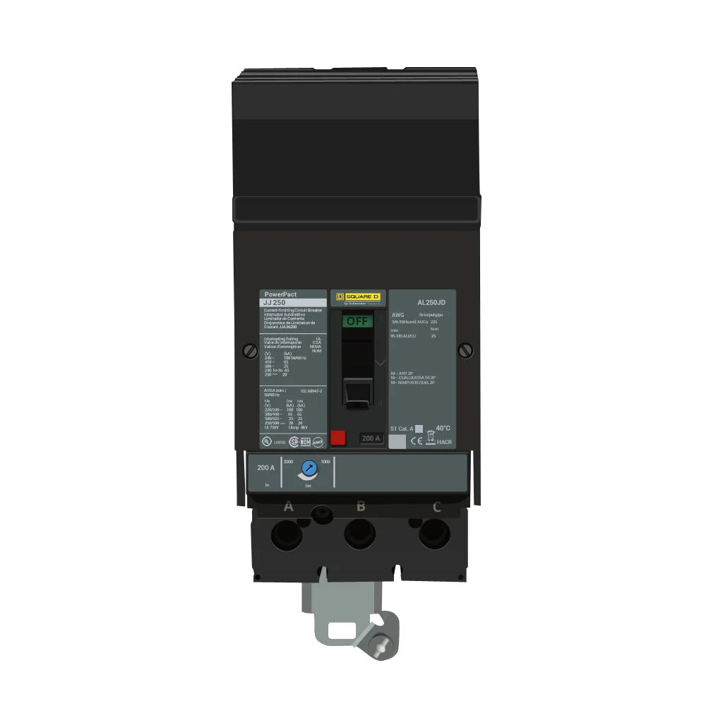 Square D JDA36200 circuit breaker nameplate and terminal detail