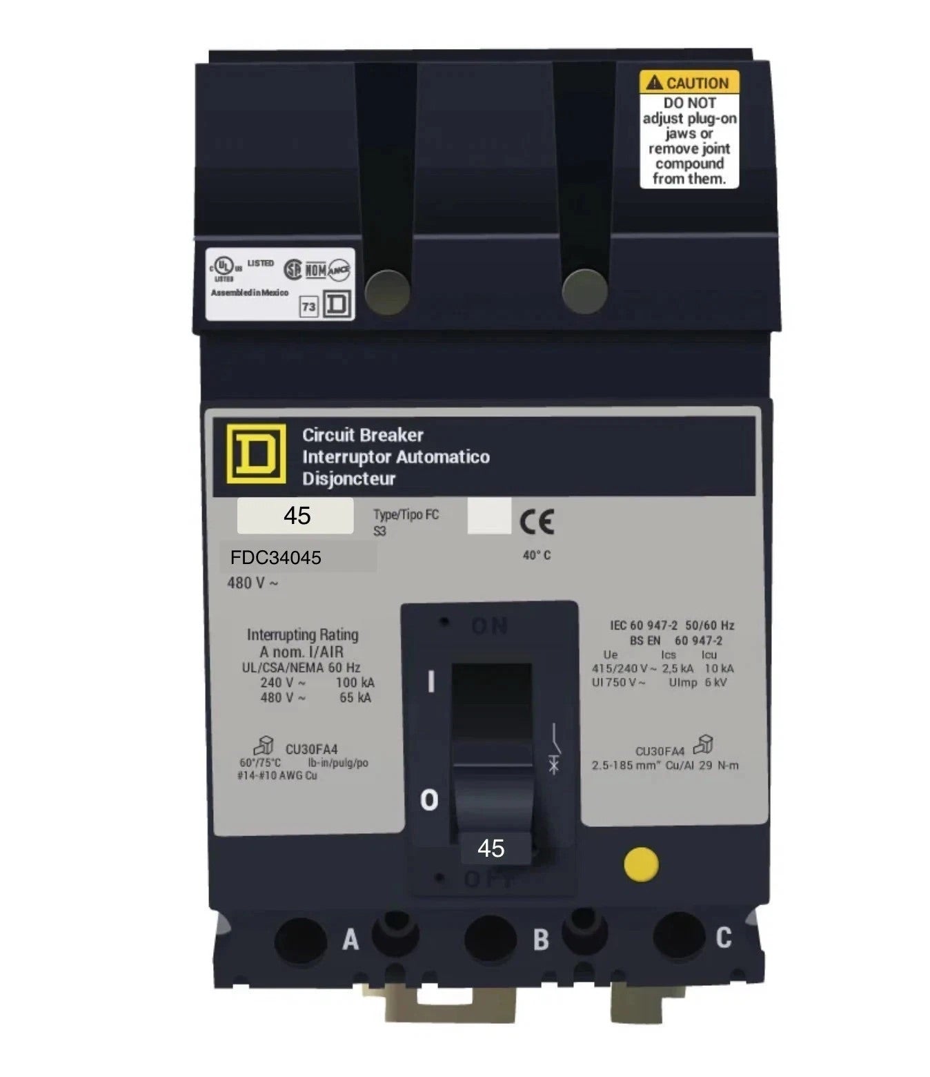 FC34045 - Square D - 45 Amp Molded Case Circuit Breaker Plug-In - 45 Amp - 3 Pole - 480 Volt