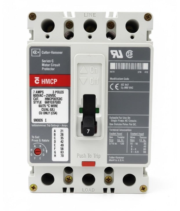 HMCP007C0C - Eaton - Molded Case Circuit Breaker Feed-Thru - 7 Amp - 3 Pole - 600 Volt