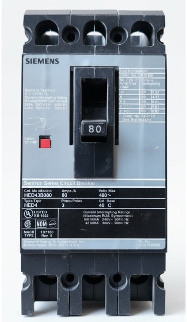 HED43B080 - Siemens - Molded Case Circuit Breaker Bolt On - 80 Amp - 3 Pole - 480 Volt
