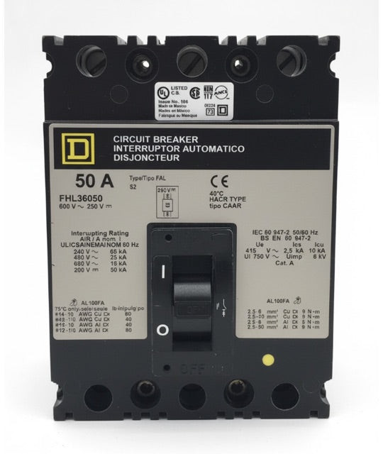 FHL36050 - Square D - Molded Case Circuit Breaker Feed-Thru - 50 Amp - 3 Pole - 600 Volt
