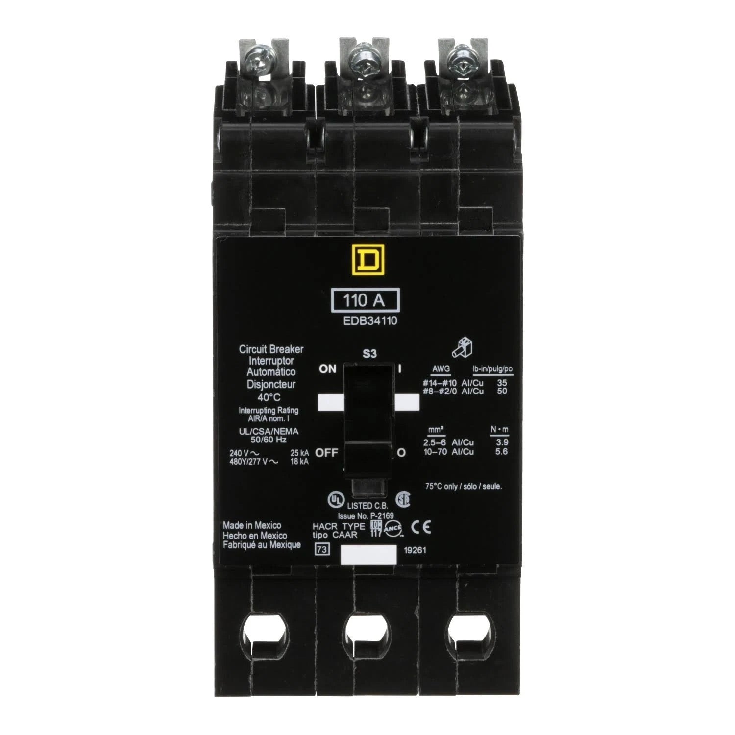 EDB34110 - Square D - Molded Case Circuit Breaker Bolt-On - 110 Amp - 3 Pole - 277 / 480 Volt