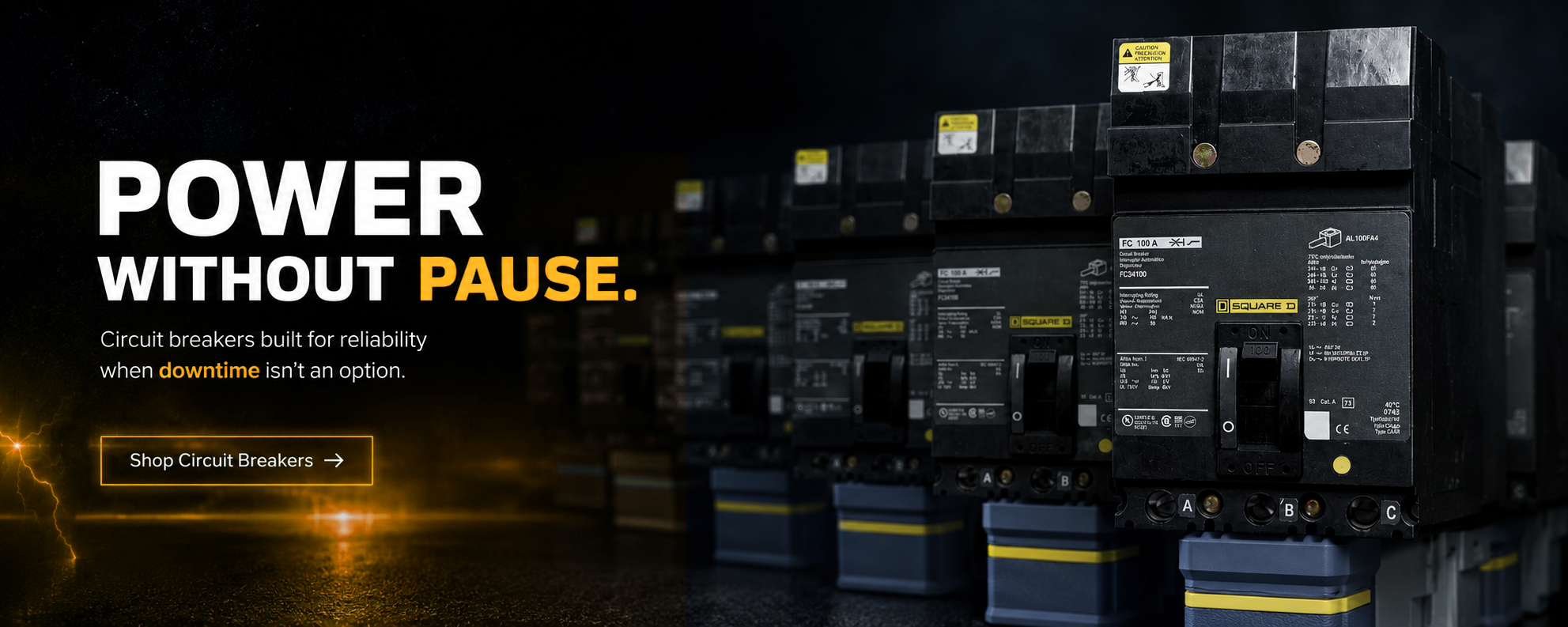 Circuit breakers with 'Power Without Pause' text on a dark background