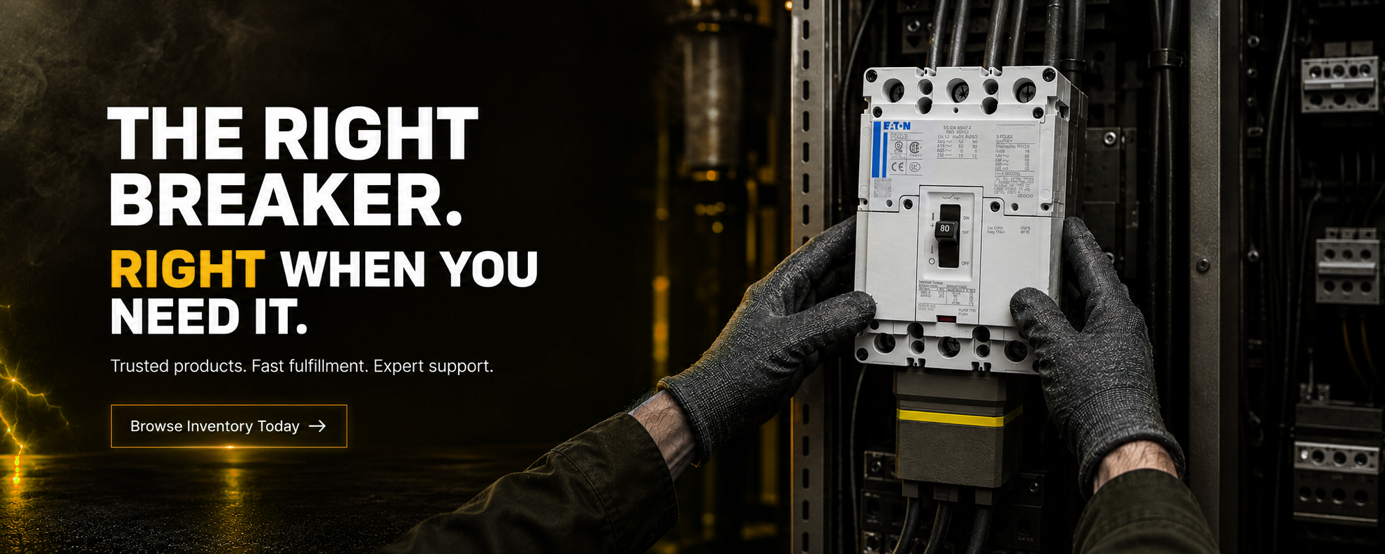 Person installing a breaker panel with text about the right breaker for the right time.