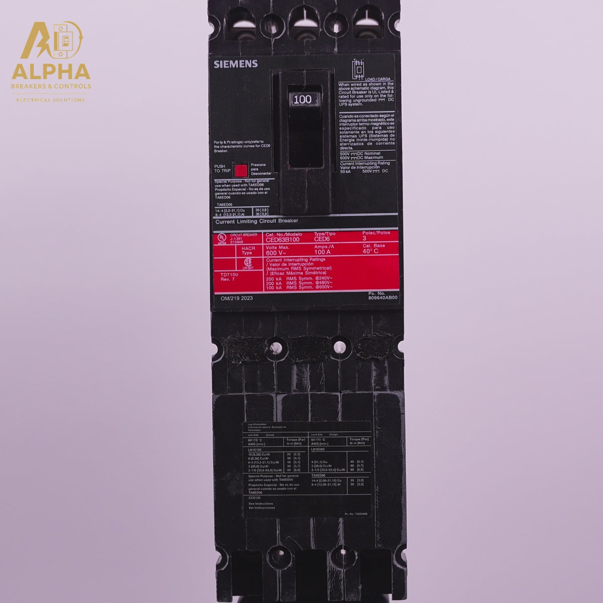 CED63B100 - Siemens - Molded Case Circuit Breaker | 100A 3-Pole 600V Feed-Thru MCCB