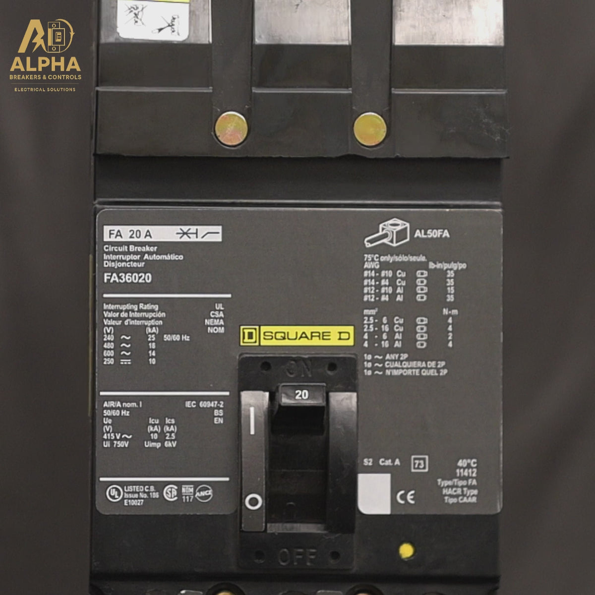 FA36020 - Square D - Molded Case Circuit Breaker | I-Line Plug-In | 20A 3-Pole 600V