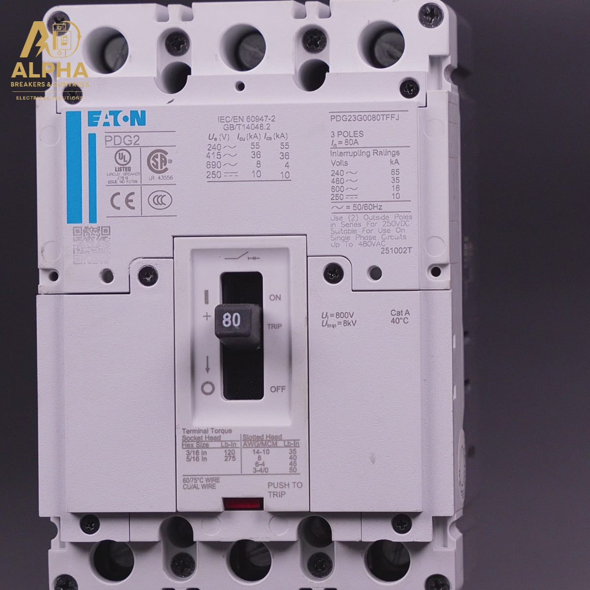 PDG23G0080TFFJ - Eaton - 80A 3-Pole 600V 65kA Power Defense Feed-Thru Circuit Breaker