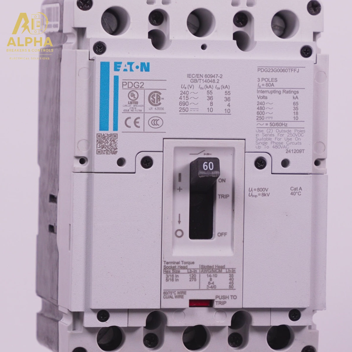PDG23G0060TFFL - Eaton - 60 Amp, 3-Pole, 600V Molded Case Circuit Breaker with Feed-Thru Connection