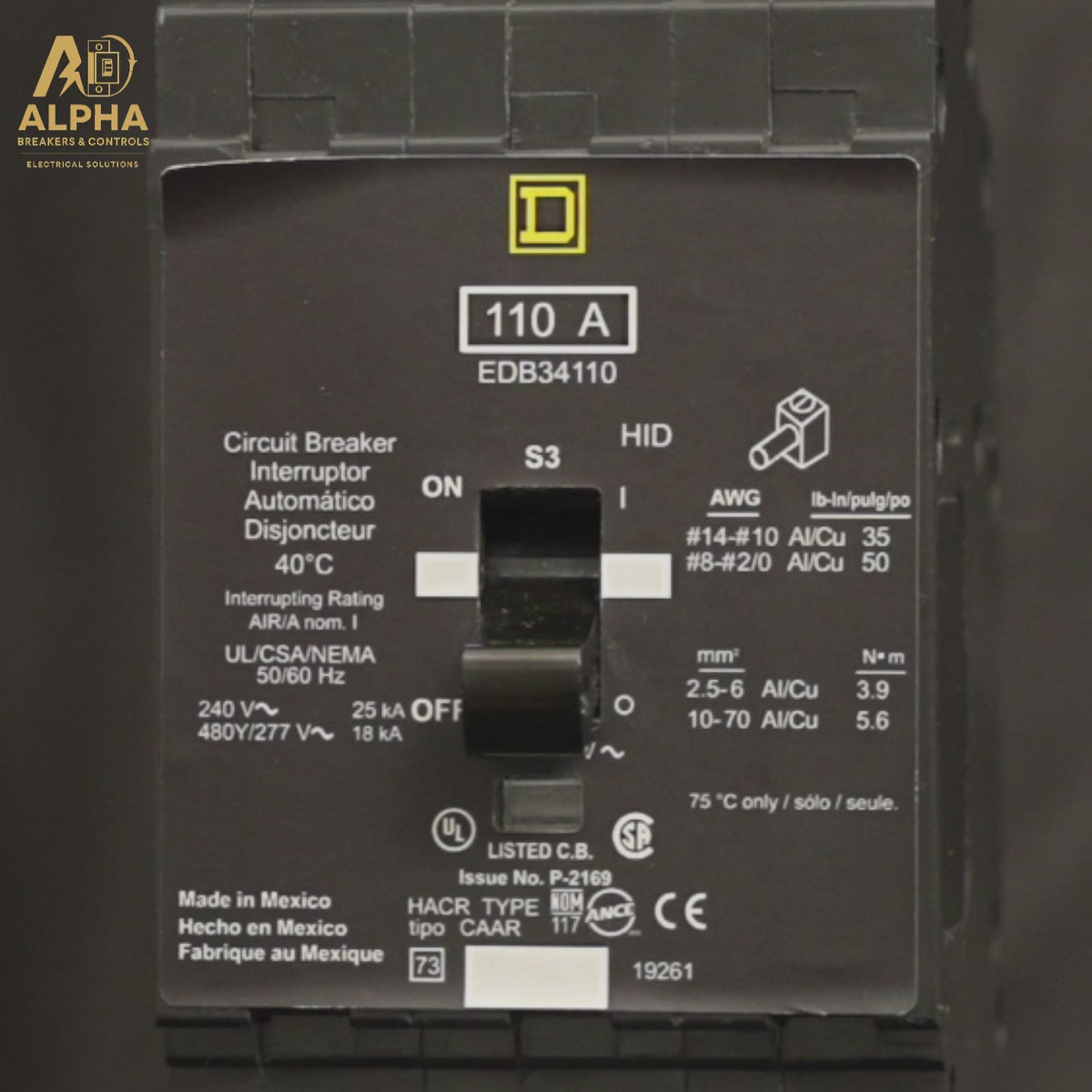 EDB34110 - Square D - 110A 3-Pole 480V High IC Bolt-On Circuit Breaker 18kA