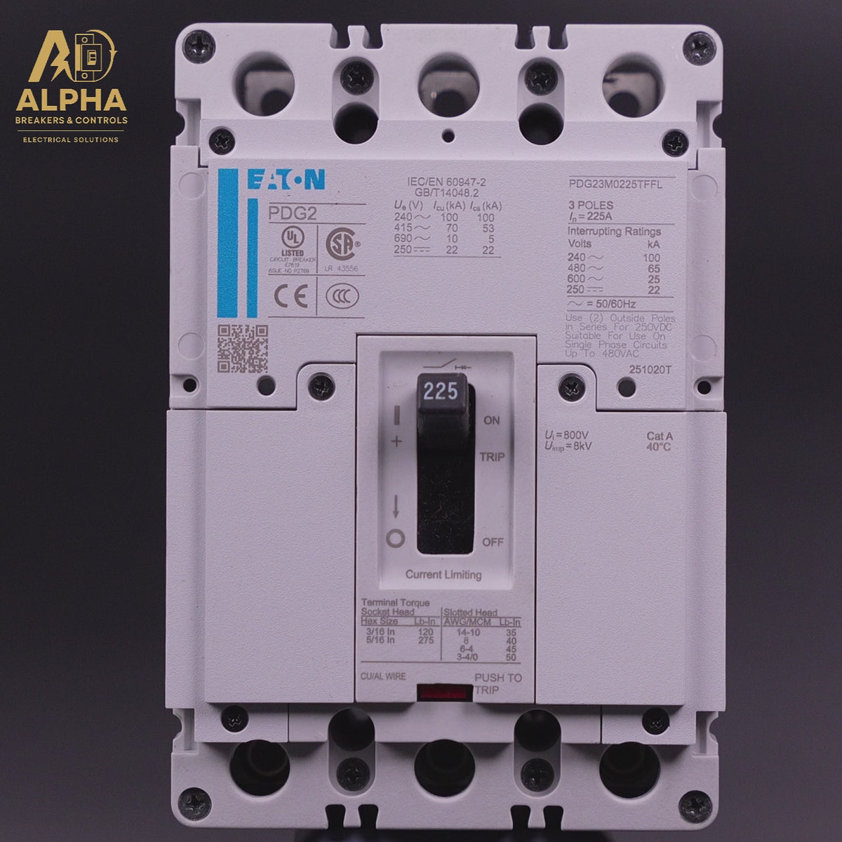 PDG23M0225TFFL - Eaton - Power Defense Molded Case Circuit Breaker | 225A 3-Pole 600V Bolt-On
