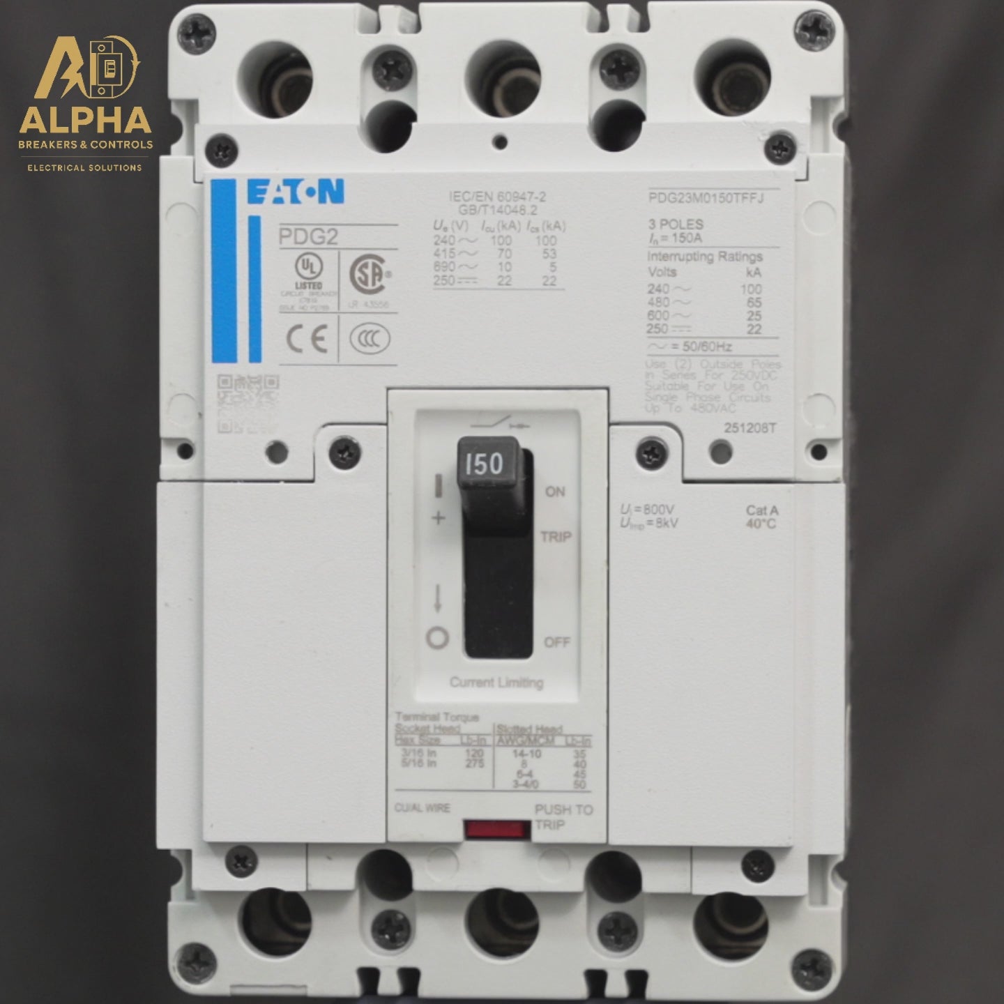 Eaton - PDG23M0150TFFJ – 150A 3-Pole 600V 65kA Power Defense Feed-Thru Circuit Breaker
