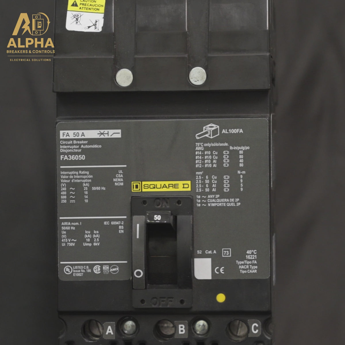 FA36050 - Square D - 50A 3-Pole 600V I-Line Plug-In Molded Case Circuit Breaker (MCCB)