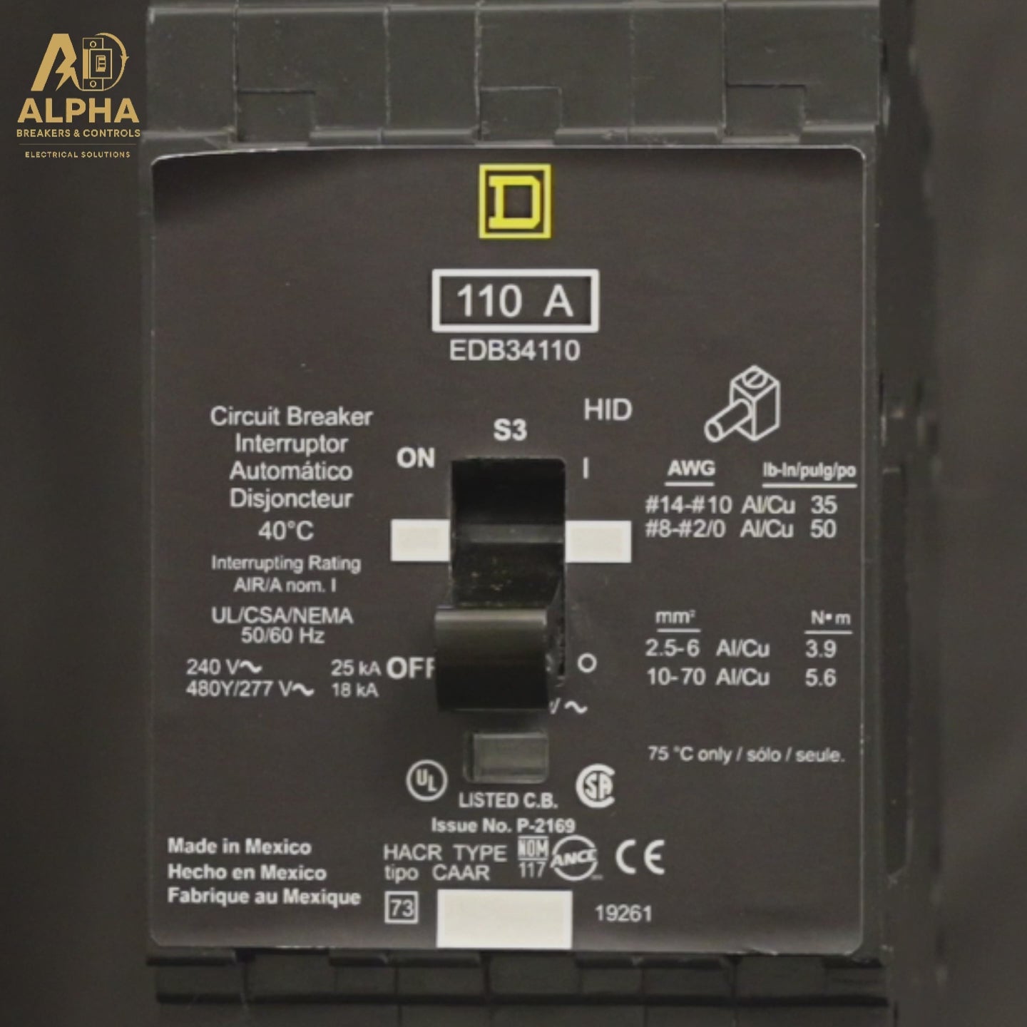 Square D - EDB34110 – 110A 3-Pole 480V High IC Bolt-On Circuit Breaker 18kA