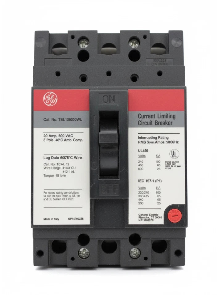 TEL136020WL - GE - 20A 3-Pole 600V 65kA Feed-Thru Circuit Breaker w/ Wire Lugs