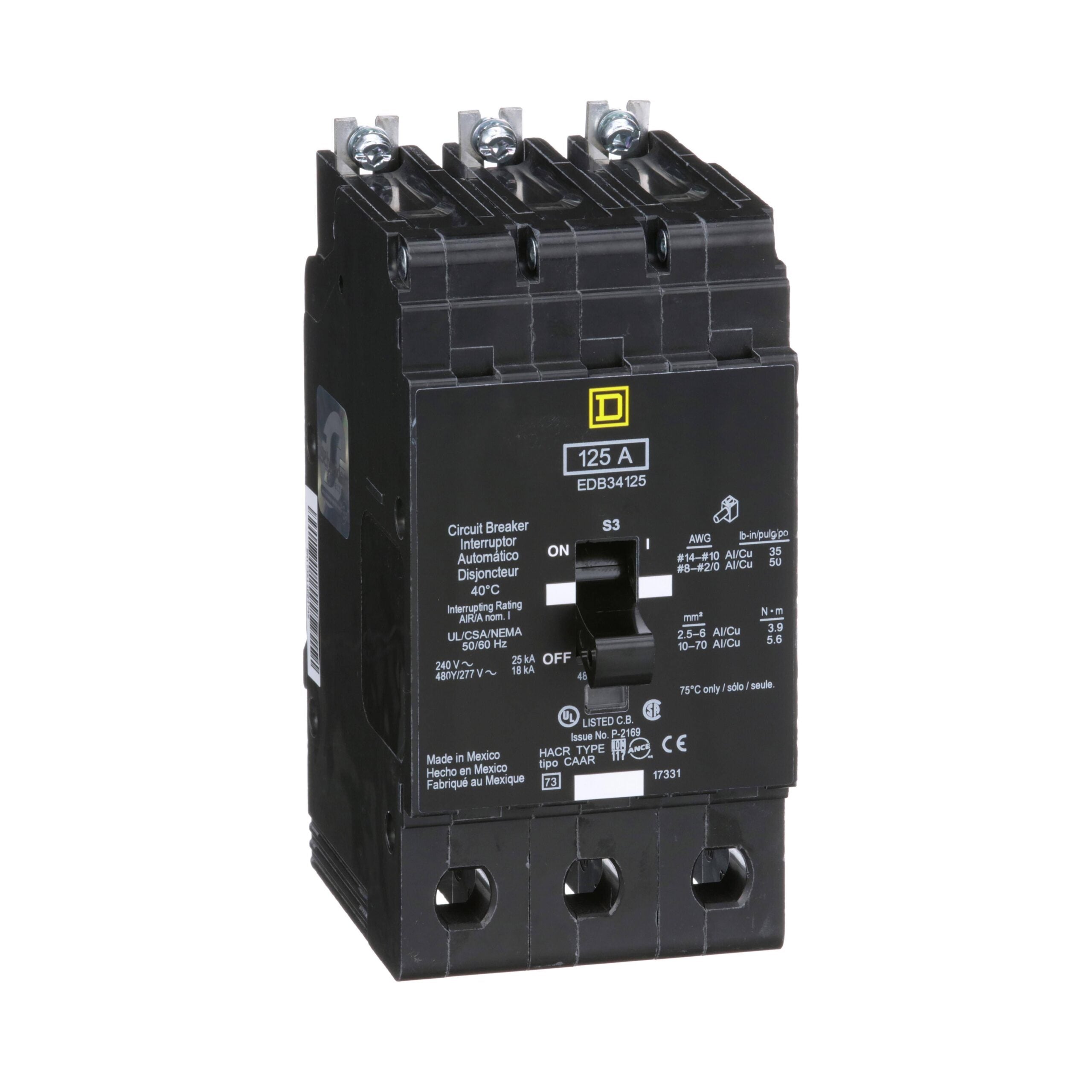 EDB34125 - Square D - Molded Case Circuit Breaker Bolt-On - 125 Amp - 3 Pole - 480 Volt
