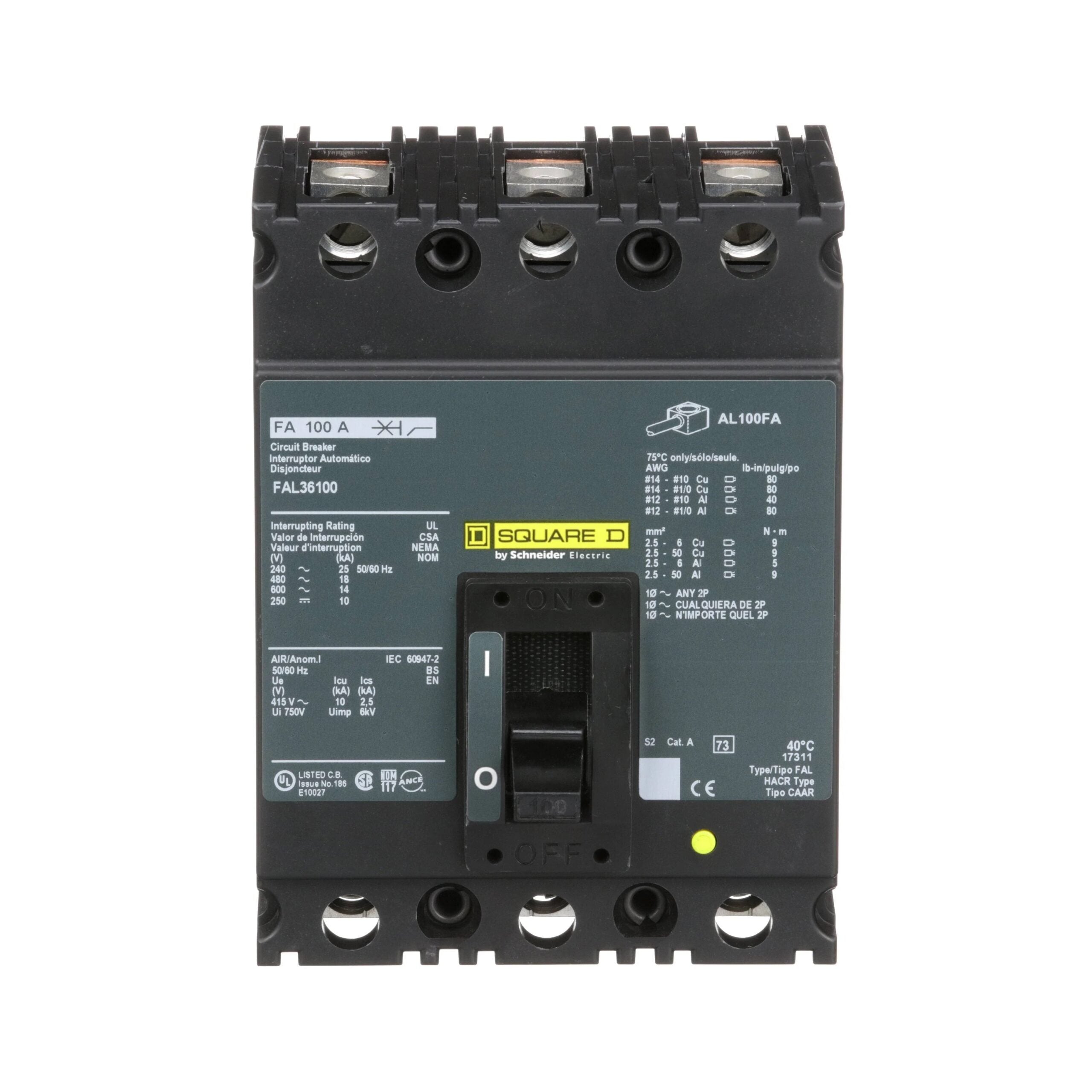 FAL36100 - Square D - Molded Case Circuit Breaker Feed-Thru - 100 Amp - 3 Pole - 600 Volt