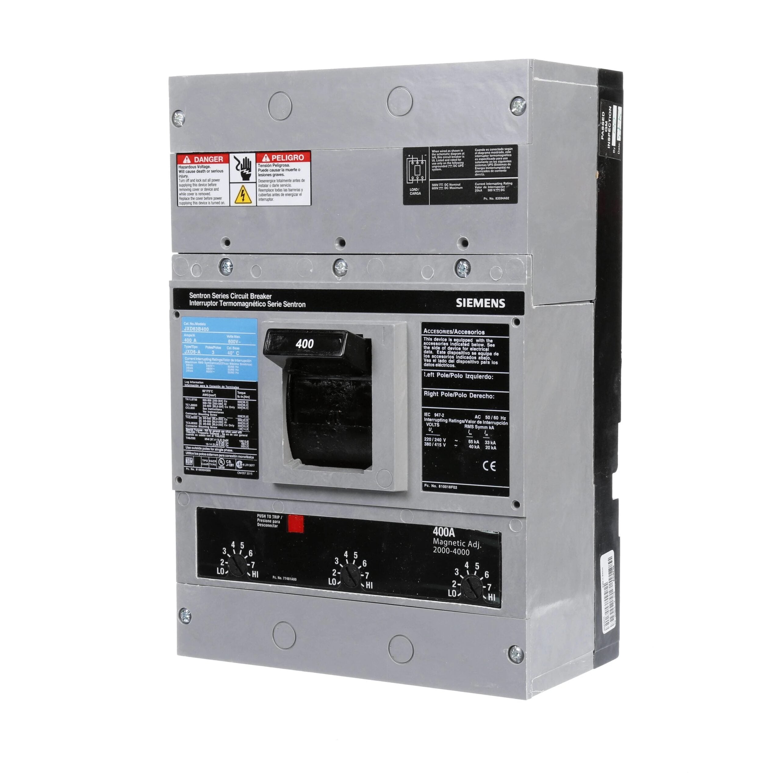 JXD63B400 - Siemens - Molded Case Circuit Breaker Bolt-on - 400 Amp - 3 Pole - 600 Volt